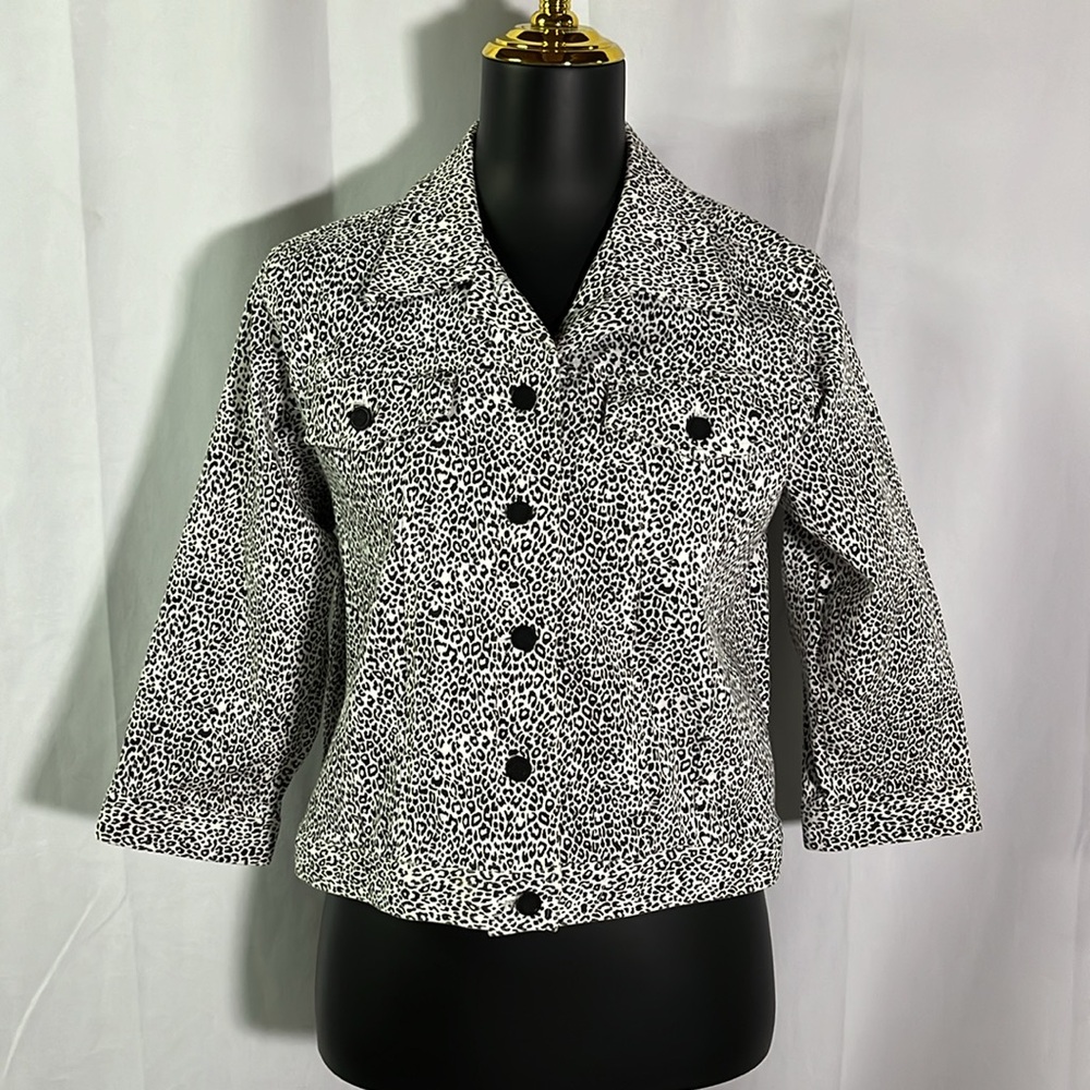 Vintage Harris Wallace Black & White Animal Print Cropped Denim Jacket